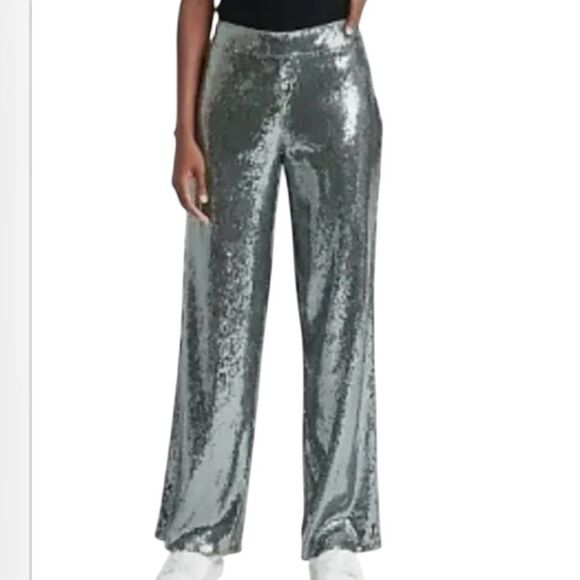 A New Day Women's Relaxed Leg High Rise Silver Sequin Trouser Pants Size 12 NEW - Picture 1 of 13